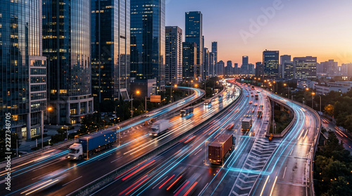 Aerial view of highway with glowing traffic light trails and trucks passing through modern city skyscrapers, concept for logistics, smart transportation and supply chain