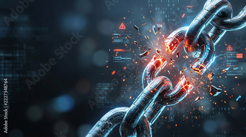 Broken heavy metal chain with glowing sparks and digital code overlays, cinematic 3D render, concept for cybersecurity, data breach and system failure
