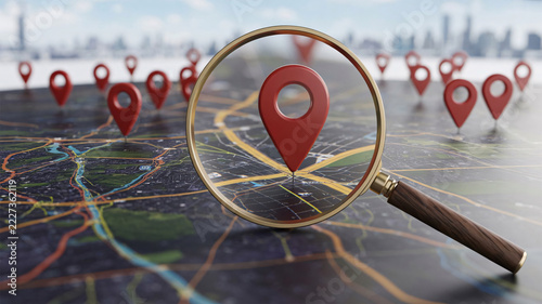 Magnifying glass focusing on a red location pin over a detailed city map with multiple destination markers