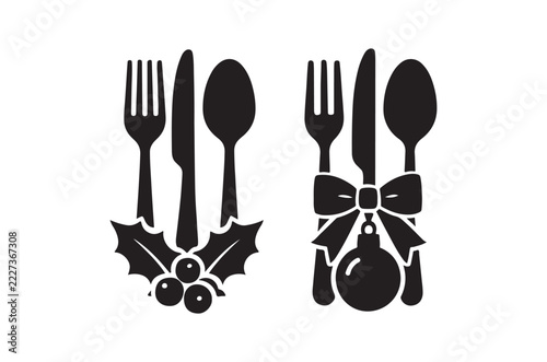 Black silhouettes of cutlery and holiday decorations on a white background