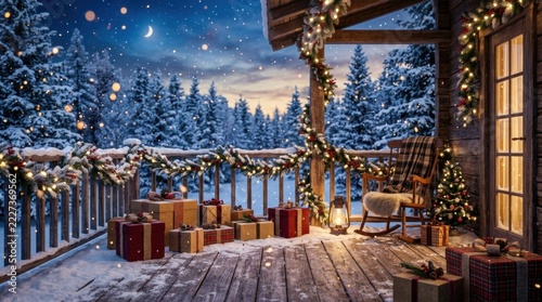 Christmas gifts on a snow covered porch with a rocking chair and festive lights in a winter forest setting with presents sit