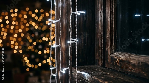 Glowing white fairy lights hanging against dark wooden wall with festive bokeh background during winter evening celebrations creating cozy holiday atmosphere in rustic wooden cabin interior setting