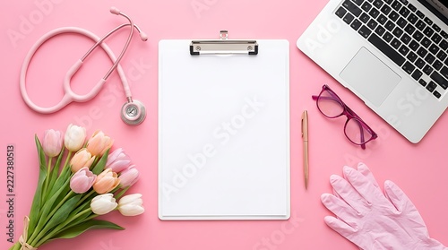 Medical clipboard mockup surrounded by colorful pastel tulips stethoscope glasses laptop pen and protective gloves arranged neatly on top of a vibrant bright pink workspace desk surface