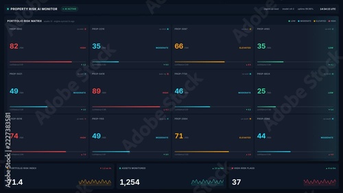 Property risk ai monitor dashboard with portfolio risk matrix with asset scores, for financial analysis, data monitoring, 4k digital decision making technology