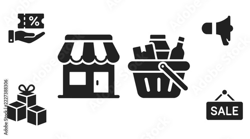 Flat icon set showing shopping and finance symbols with simple shapes and limited color palette