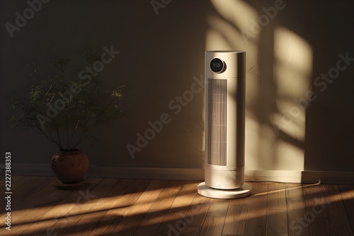 A realistic design of a modern air-purifying fan in a living room, featuring soft natural sunlight from the left