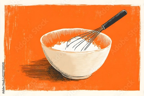 A minimalist hand-drawn illustration of a bowl of white powder and a whisk against a bright orange background; flat illustration style with simple lines reminiscent of woodcut printmaking techniques