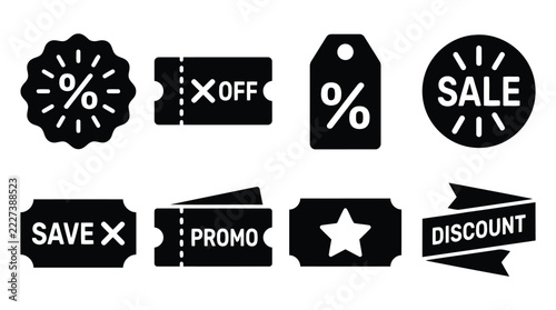 Collection of flat black retail discount and sale icons with percentage stars and text overlays