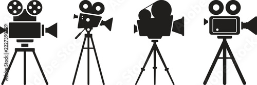Glyph Icon Set of Cinema Cameras on Tripods