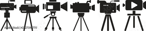 Glyph Icon Set of Cinema Cameras on Tripods