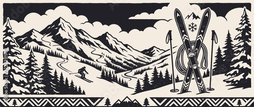 Fotografie Native American skier silhouette on snowy mountain