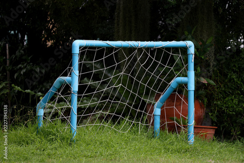 Homemade Blue PVC Pipe Soccer Goal with Rope Net on Green Grass in Backyard Garden