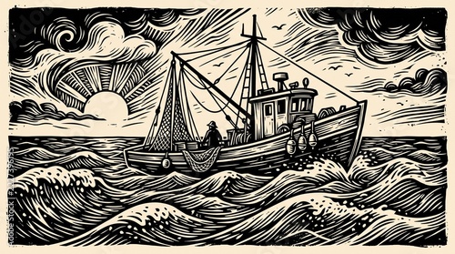 Vintage illustration of a fisherman boat sailing on the rough sea at sunset