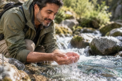 A man kneels beside a rocky mountain stream and lifts cold water in his cupped hands beneath forest shade. Refreshing connection with nature through mindful travel