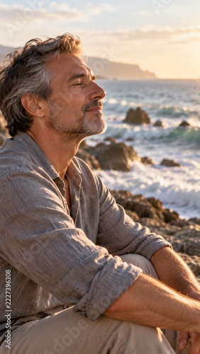 A man sits on coastal rocks with closed eyes and listens toward rolling ocean waves in the morning. Restorative solitude and mindful calm beside the sea