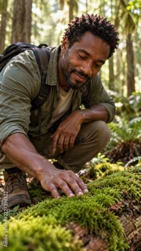 A man crouches in a forest and presses his fingertips into vivid moss growing across a fallen log. Tactile discovery and mindful connection with nature