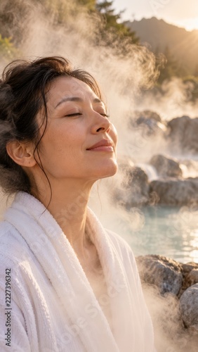 A woman in a white robe closes her eyes as mineral spring steam curls around her face and shoulders. Restorative wellness through thermal nature travel