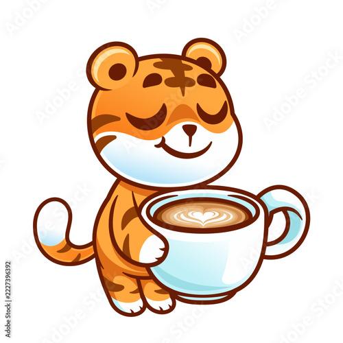 Cute Tiger Drinking Coffee with Latte Art, Cartoon Animal Character Vector Illustration
