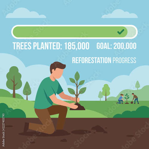 Man planting tree reforestation progress bar environmental conservation