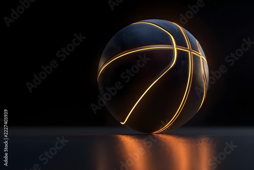Floating 3d basketball, black basketball with neon orange lines that glow, cinematic, dark background, black panels of the basketball is barely visible except the neon glow reflecting, dramatic