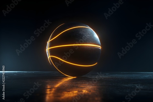 Floating 3d basketball, black basketball with neon orange lines that glow, cinematic, dark background, black panels of the basketball is barely visible except the neon glow reflecting, dramatic