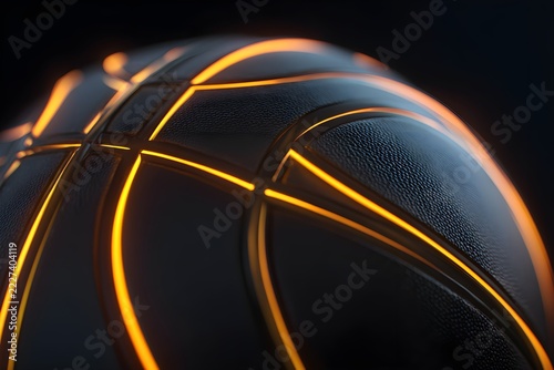 Floating 3d basketball, black basketball with neon orange lines that glow, cinematic, dark background, black panels of the basketball is barely visible except the neon glow reflecting, dramatic