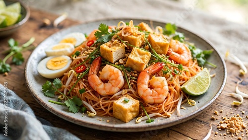 Stir-fried rice noodles are served with shrimp, tofu, and boiled eggs on a plate.