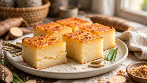 Cassava cake squares with golden caramelized crusts are served on a plate with coconut flakes.
