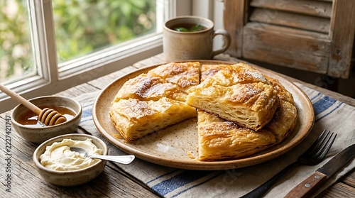 Flaky pastry bread sits sliced on a ceramic plate beside honey and clotted cream on a wooden table.