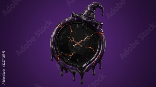 Creepy Halloween witch clock with melting purple slime and mystical magic vibes