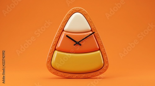 Candy corn shaped wall clock on orange background with minimalist design for Halloween holiday