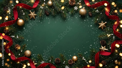 Festive Green Frame with Pine Boughs Gold Ornaments Red Ribbon