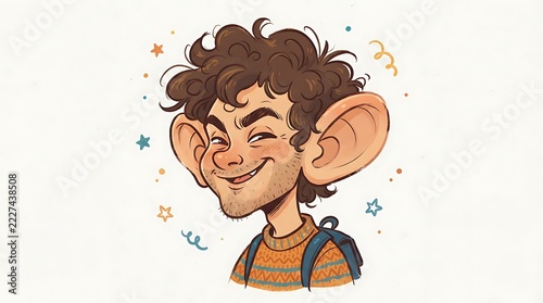 Smiling Caricature Adolescent Boy with Big Ears Wearing Sweater and Backpack