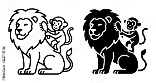 Photography Lion and monkey grooming set with animals, illustration for logo or sticker