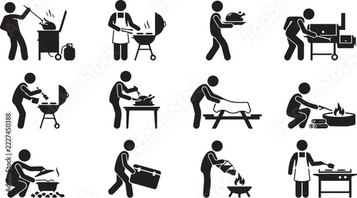 Black silhouette icons of people cooking food on outdoor barbecue
