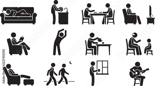 Black stick figure icons showing daily home activities and lifestyle