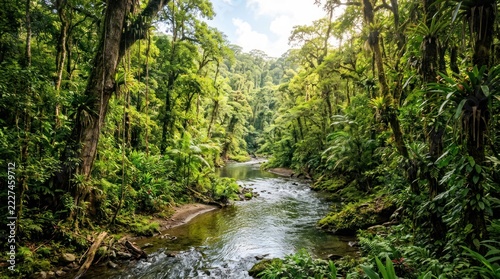 Lush Tropical Rainforest River Flowing Through Dense Green Vegetation Under Sunlight.