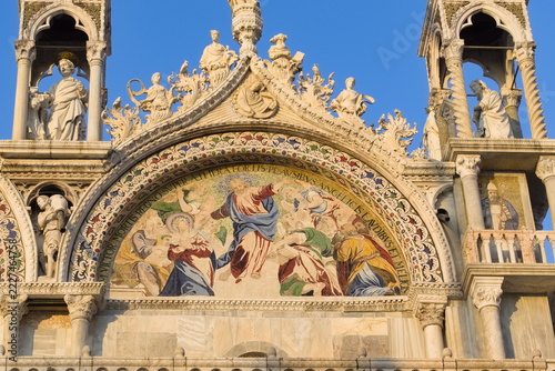 Detail of a gilded Byzantine mosaic on the facade of St. Mark's Basilica in Venice