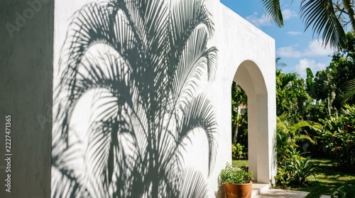 Palm Tree Shadow on White Wall of Tropical Building.