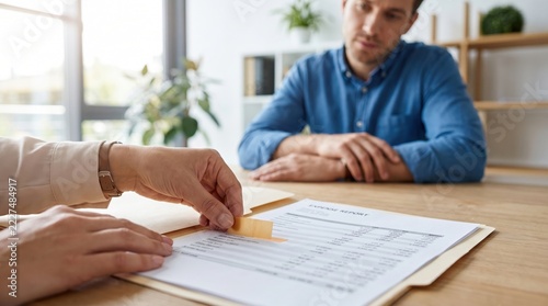 tax planning deduction paperwork profit concept. Job candidate waiting while interviewer reviews resume in office setting