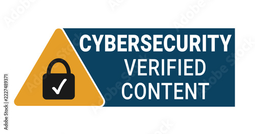 Cybersecurity verified content badge icon. Security certification for website, phishing awareness training and data protection. Yellow triangle sign with symbol and text by right