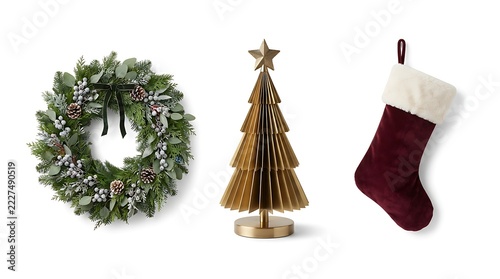 Christmas wreath, gold paper tree, and velvet stocking isolated on white background
