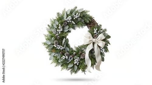 Christmas wreath with pine cones and white berries isolated on white background
