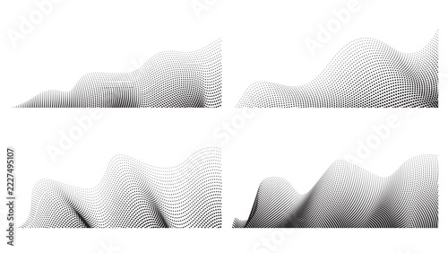 Set of abstract black halftone dots wave structures and dynamic 3d particle flow vectors.