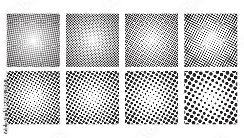 Set of abstract black halftone dots radial gradient textures square shapes vector patterns.