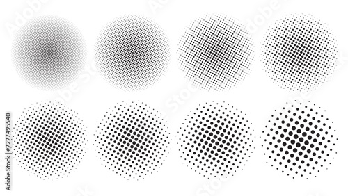 Set of abstract black halftone dots circle shapes and geometric radial gradient vectors.