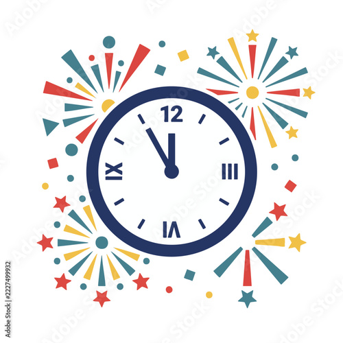 A festive clock showing midnight with colorful fireworks for New Year celebration.