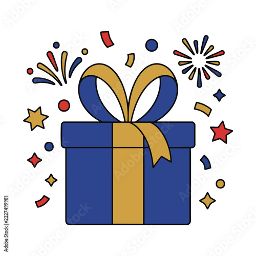 Festive blue and gold gift box illustration with colorful confetti and fireworks.