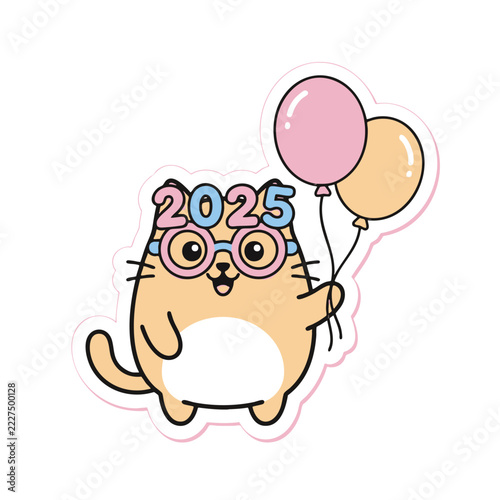 Cute cartoon cat character wearing 2025 party glasses and holding colorful balloons for New Year celebration.