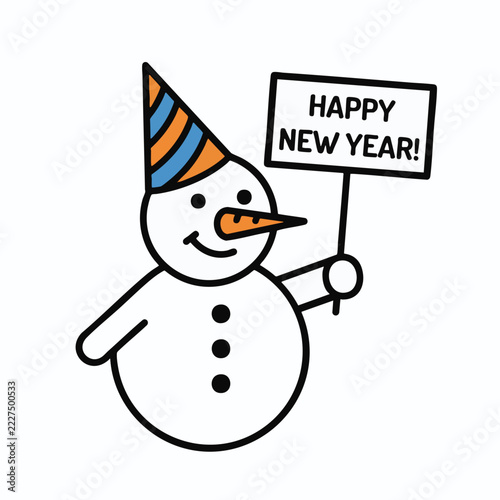 A cute cartoon snowman wearing a party hat and holding a Happy New Year sign.
